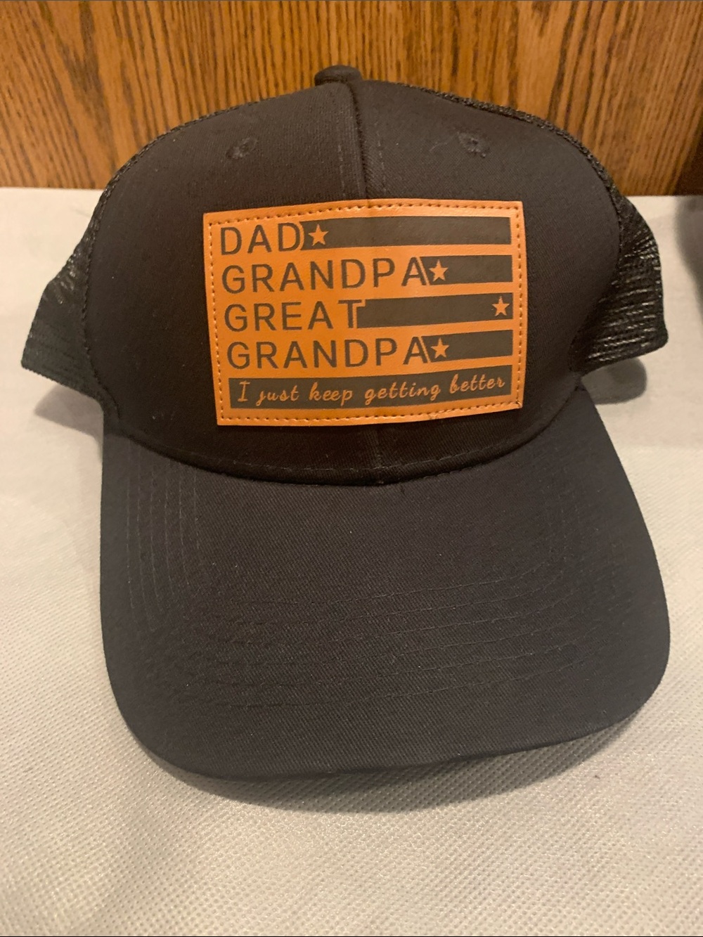 Black Trucker Hat with Brown Patch - Dad Grandpa Great Grandpa